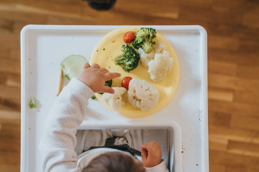 Vista de un niño comiendo verduras